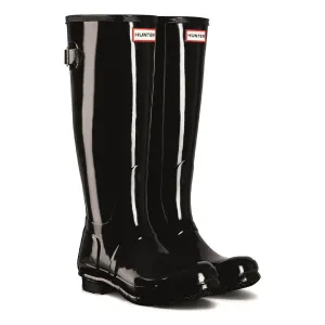 Tall Back Adjustable Gloss Wellington Boots - Black by Hunter